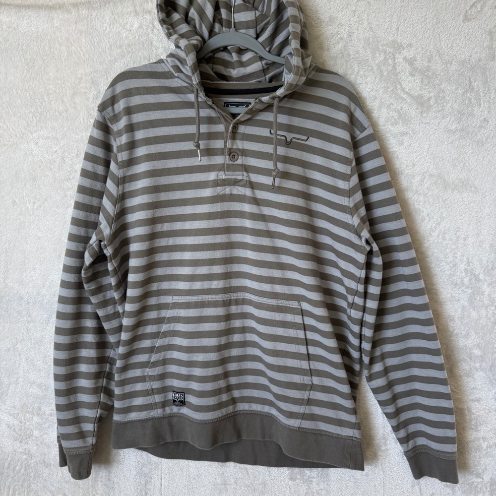 Kimes Ranch Striped 1/4 Button Hoodie Mens L‎ Western Cowboy Ranch Workwear Gray